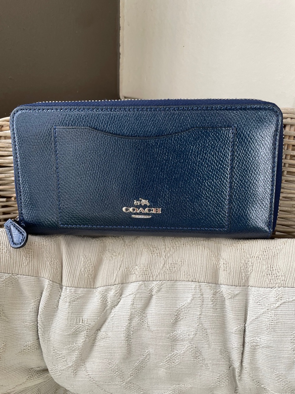 Coach Leather Zip Around Wallet - Deep Midnight metallic with silver hardware